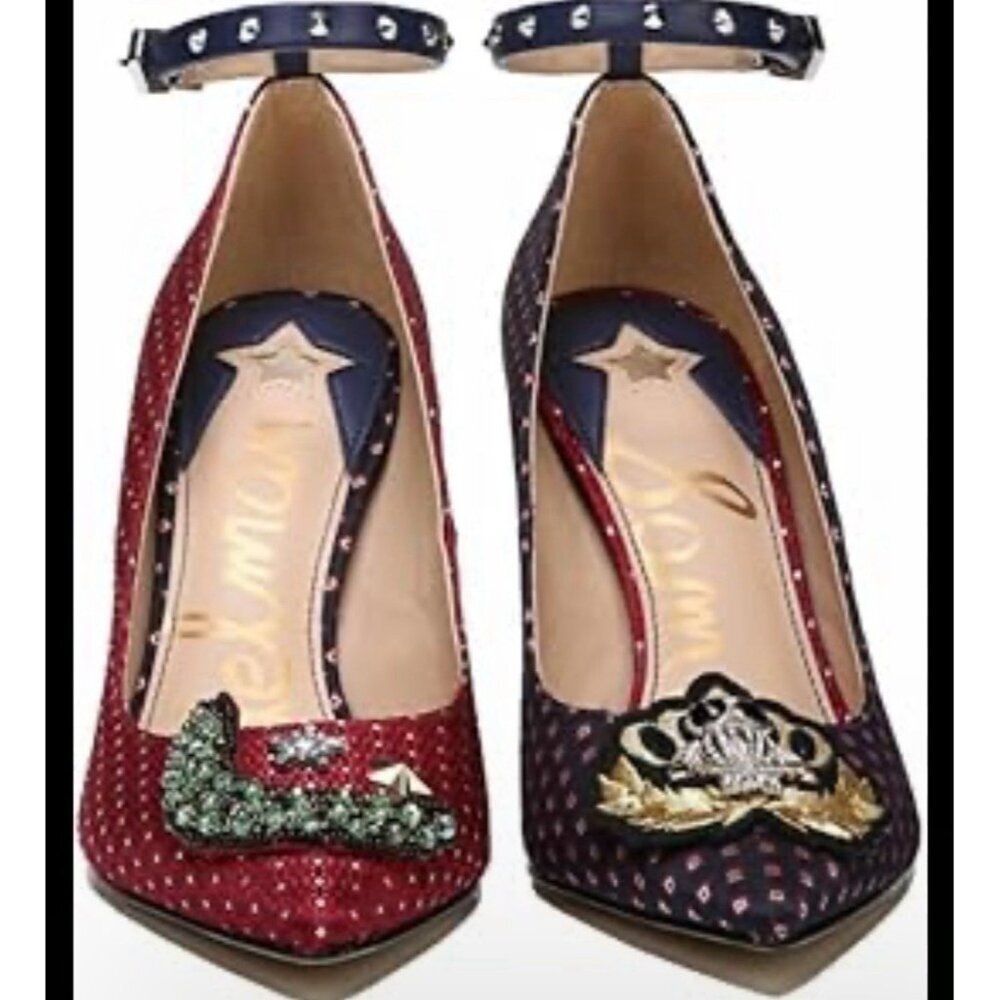 Sam Edelman Two-Tone Embellished Ankle-Strap Pointed Heels in Red and Navy - Picture 1 of 11